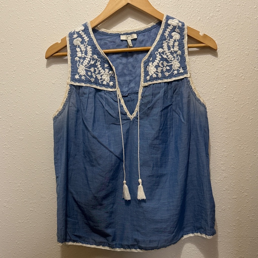 Joie Embroidered Blue Sleeveless Peasant Top with Tassel Tie, Size XS
